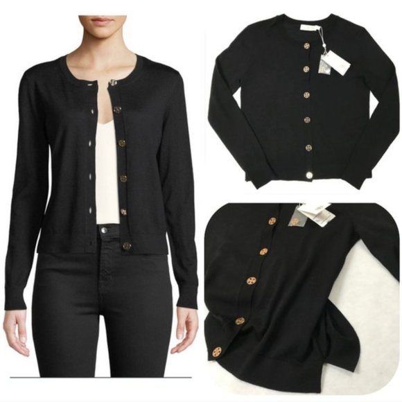 New Tory Burch Merino Wool Logo Button Crewneck Cardigan